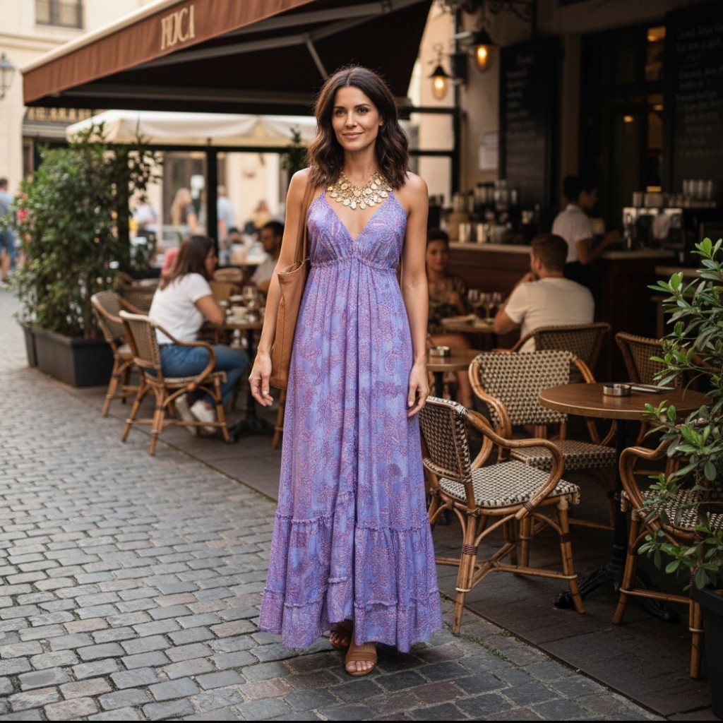 Boho Maxi Dress Tiered Ruffles,V-Neck,Floral Patchwork, Natural Silk,Handmade