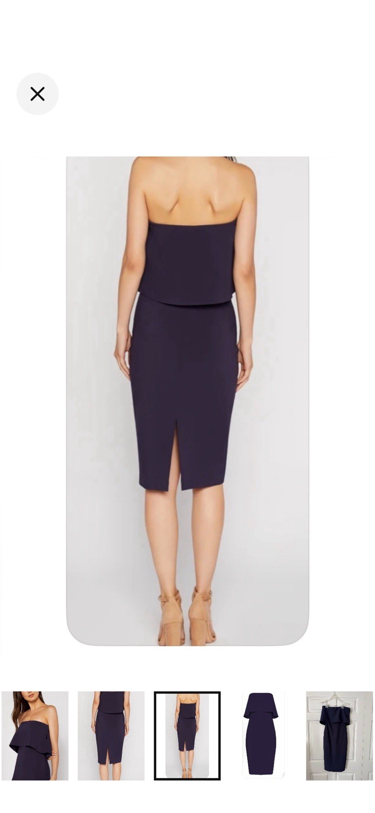 LIKELY Navy Strapless Ruffle Sheath Midi Dress 2 Lined Stretch Zip