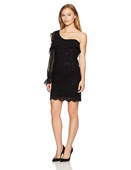 BARDOT Black Fiorella One Cold Shoulder Sleeve Lace Ruffle Cocktail Dress 8 = M
