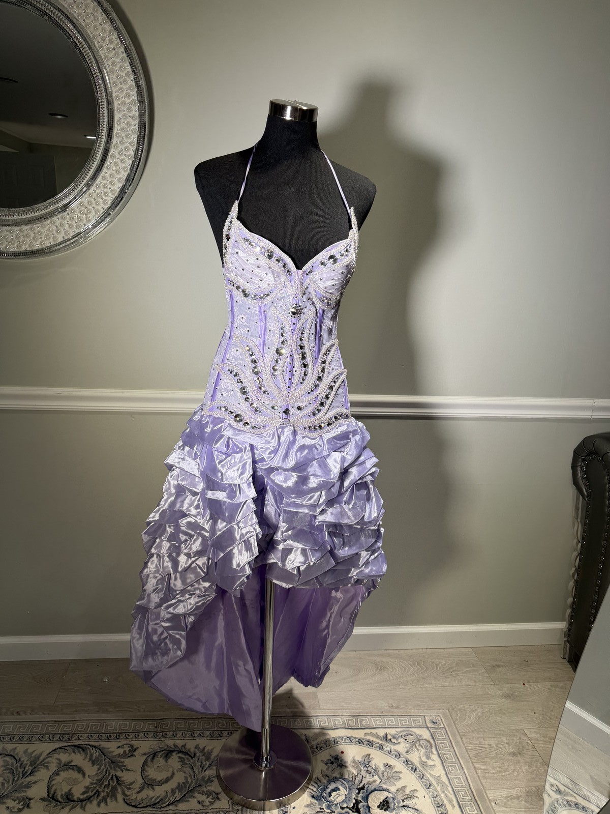 Lavender Rhinestone Corset Formal Mini Dress Ruffled Satin Skirt Size 4-6