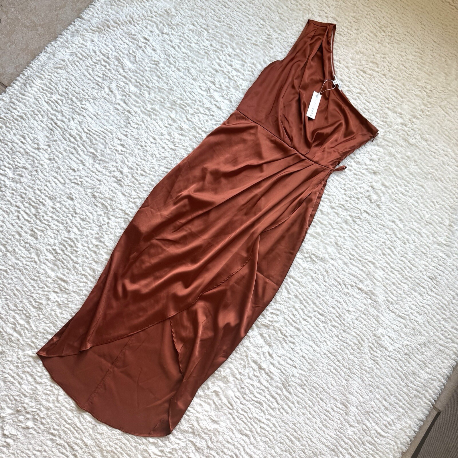 Baltic Born Celia Satin One Shoulder Midi Dress S Rust Pleated Belted NWT Silky