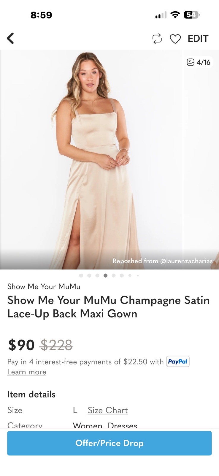 Show Me Your Mumu Clarissa Corset Dress in Champagne Luxe Satin L NWT