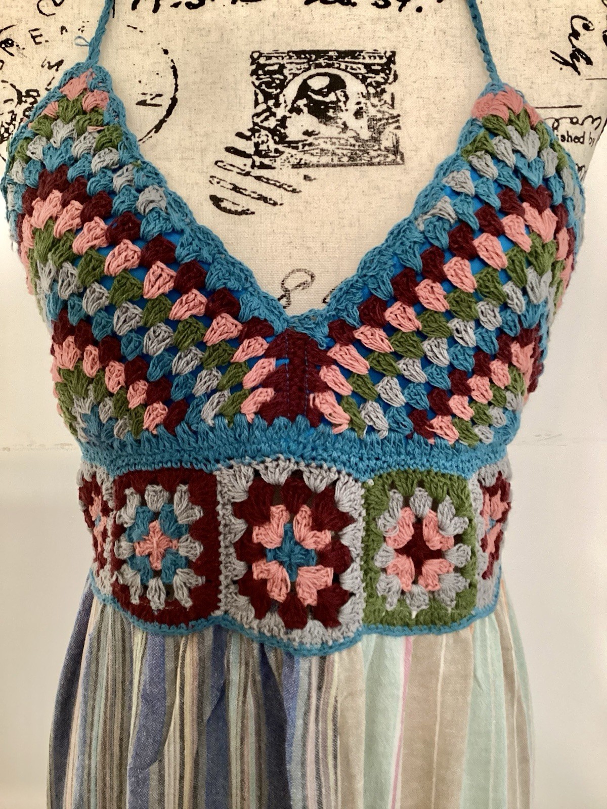 Artisan Boho Crochet Patchwork Maxi Dress Halter Flowy Summer M L NWT
