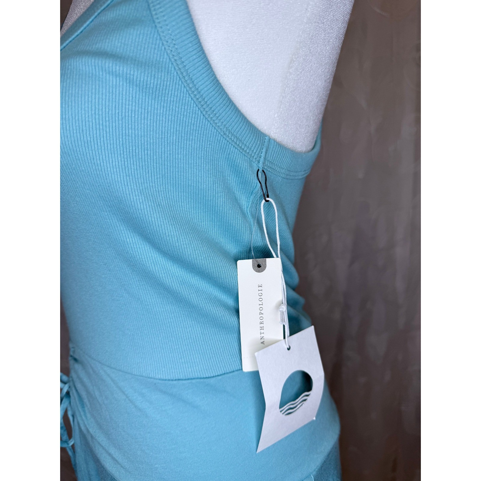 Daily Practice Anthropologie Ribbed Mini Dress Turquoise Blue Cinched Side Small