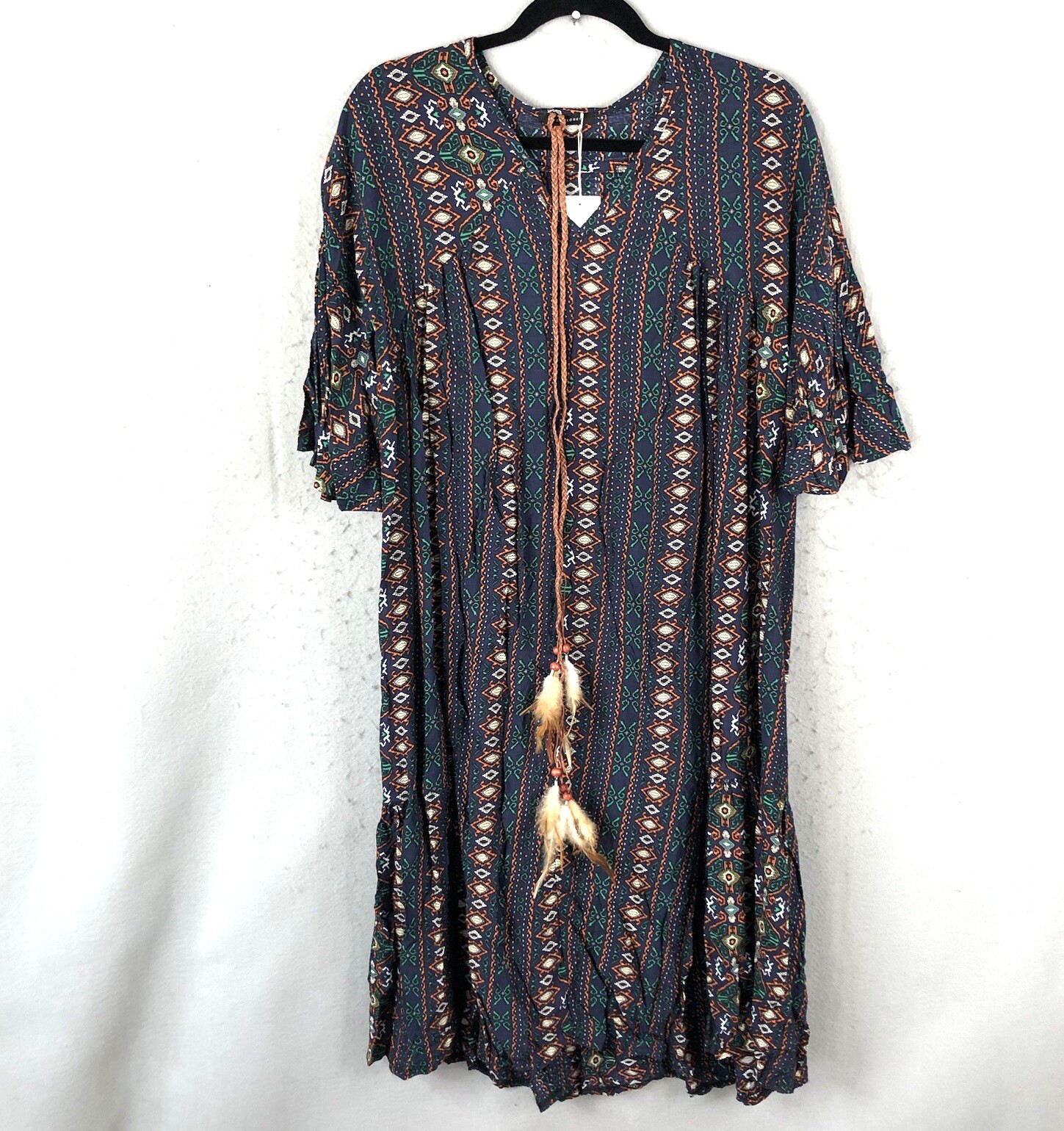 Open Closet Dress Womens One Size Blue Orange Tribal Semi Sheer Flowy Boho NEW