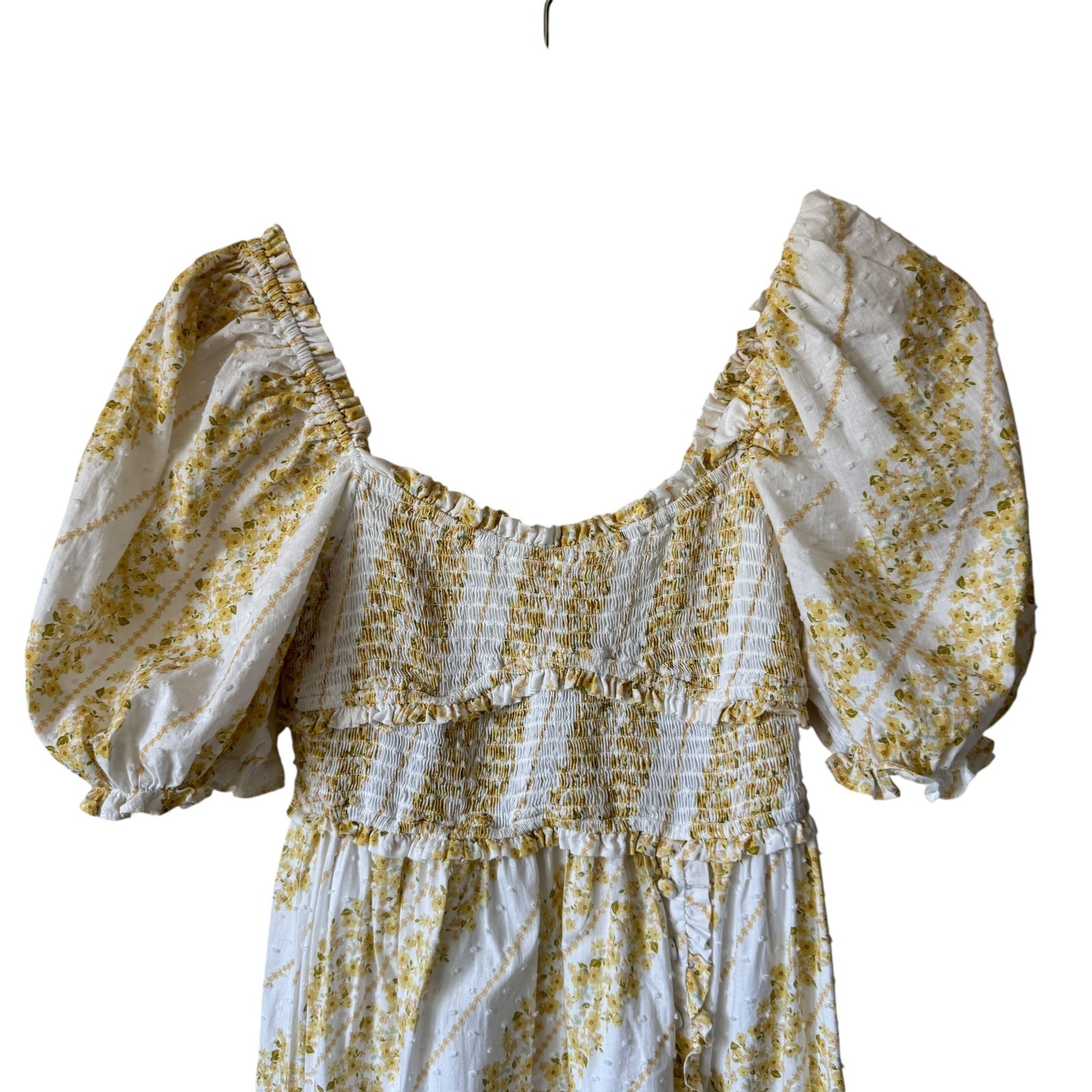 For Love & Lemons Lucie Midi Dress Smocked Bodice Ruffle Puff Sleeves Skirt Slit