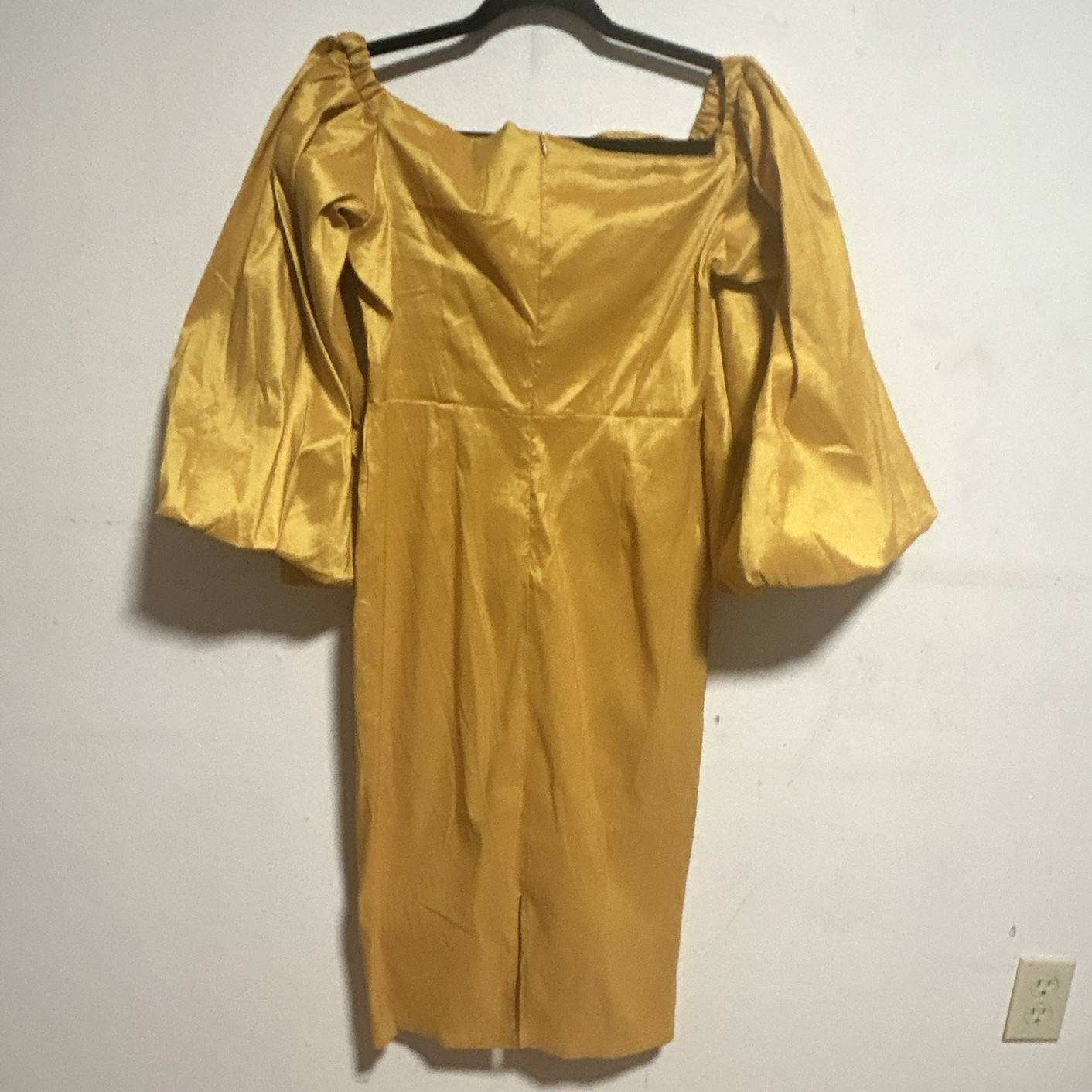Aomei Women’s Gold Satin Square Neck Puff Sleeve Sheath Dress XL Bow
