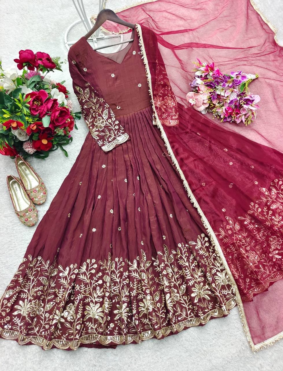 Presenting New Pure Vichitra Silk Maroon Gown With Dupatta For Ethnic Wear