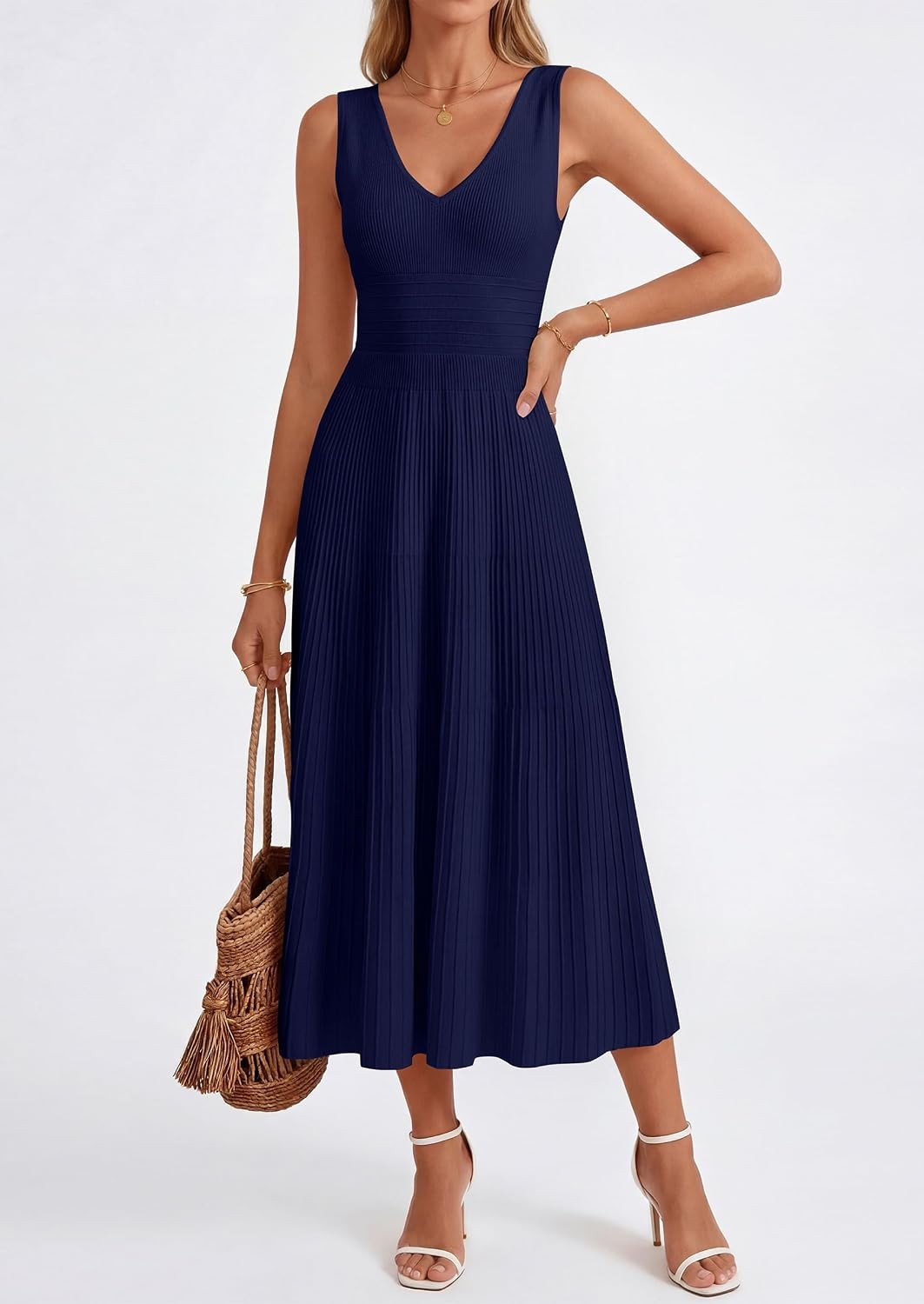 Summer Dresses for Women 2026 Spring Casual Sleeveless V Neck Pleated Midi Work