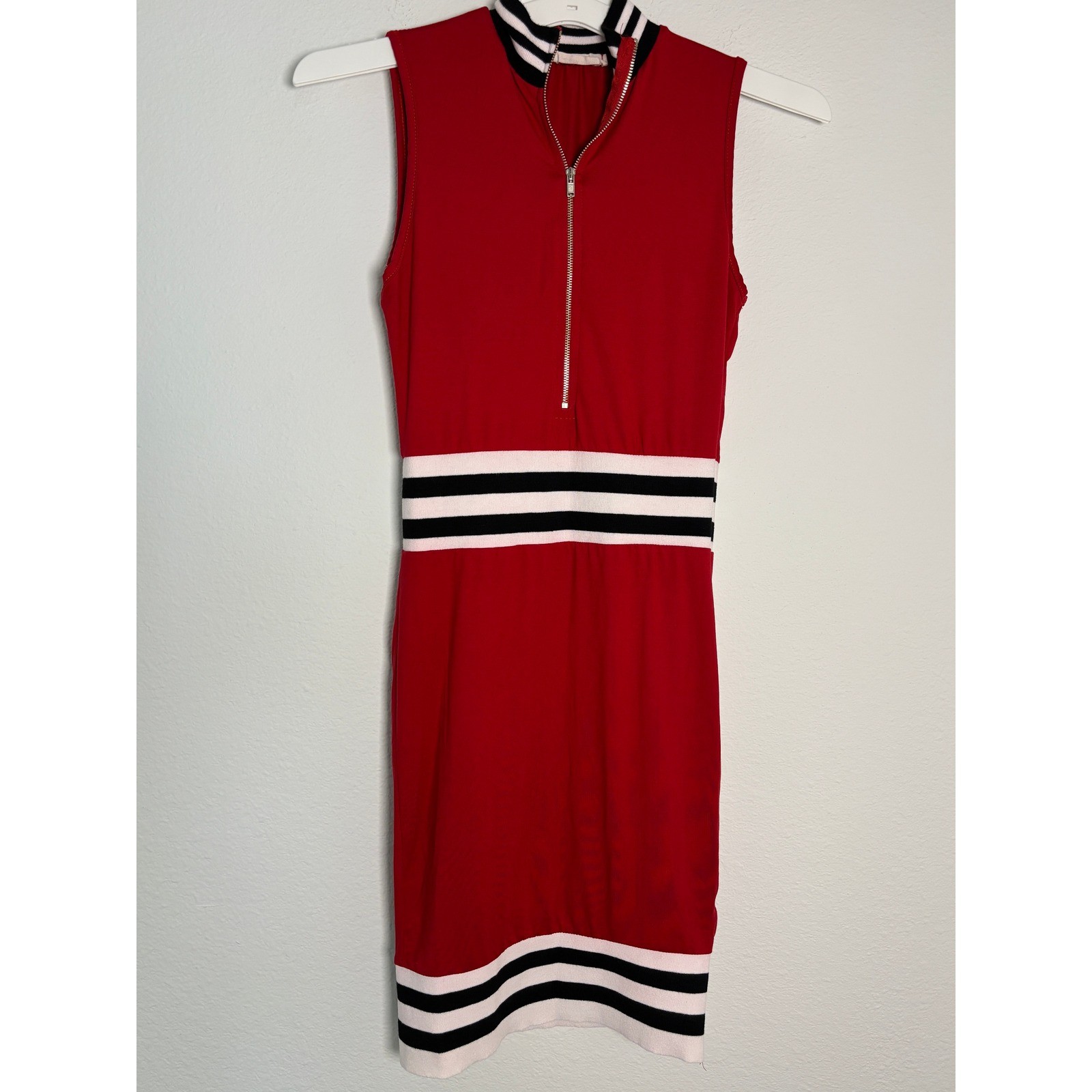 Daon Styles Red Striped Sporty Sleeveless Quarter Zip Bodycon Dress Small D1018