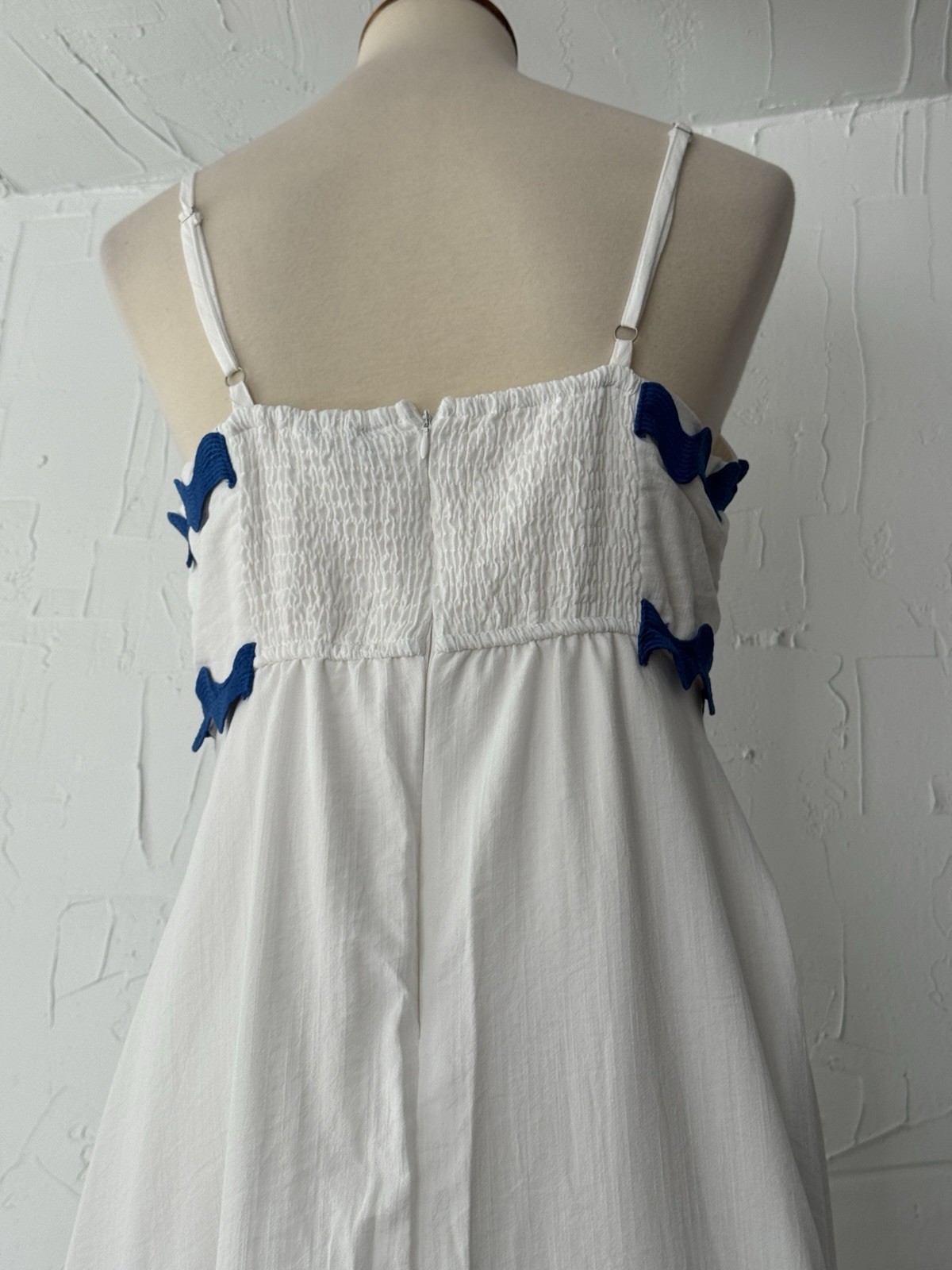Fashion Maxi Sundress (S) Blue Zigzag Trim White Stretch Adjusting Straps Lined
