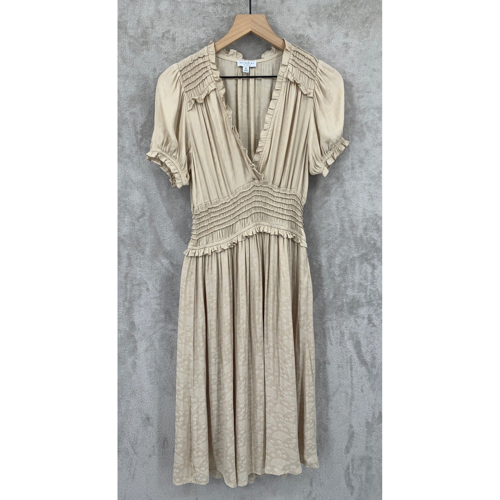 Current Air Dress Womens XS Beige Floral Smocked Midi Ruffle Short Sleeve