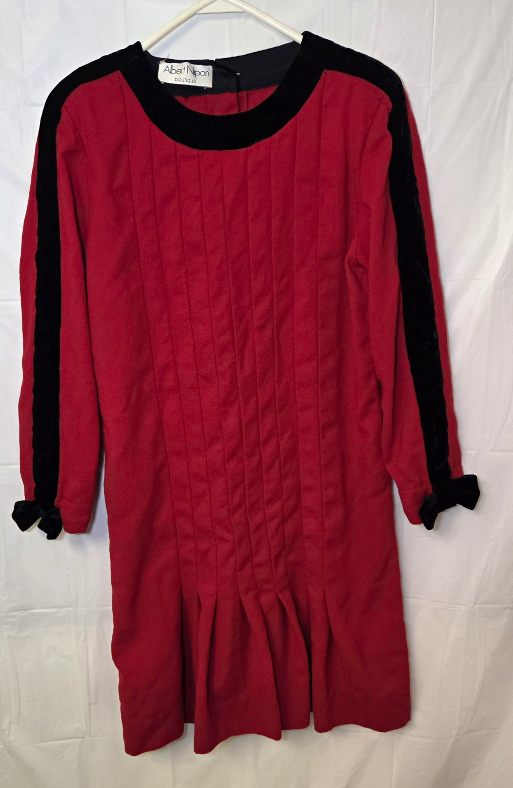 Vintage Albert Nipon Boutique Red/Black Pleated Bow Blouson Round Neck Dress 8