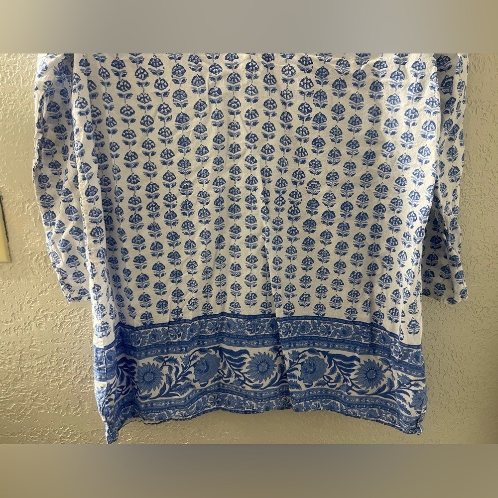 Pomegranate Resort Blue/White Bohemian Vacation Mini Tunic Cotton Dress Large