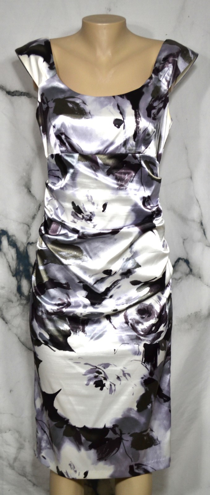 LONDON TIMES White Black Gray Floral Print Cap Sleeve Dress 10 Ruched SIdes