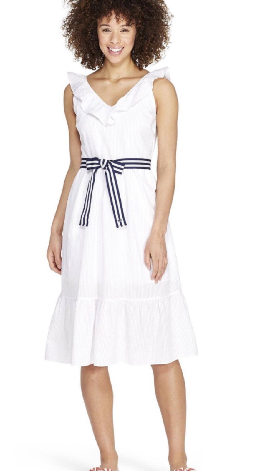Target Vineyard Vines White Ruffle Midi V Neck Tie Waisted Dress Pockets Small