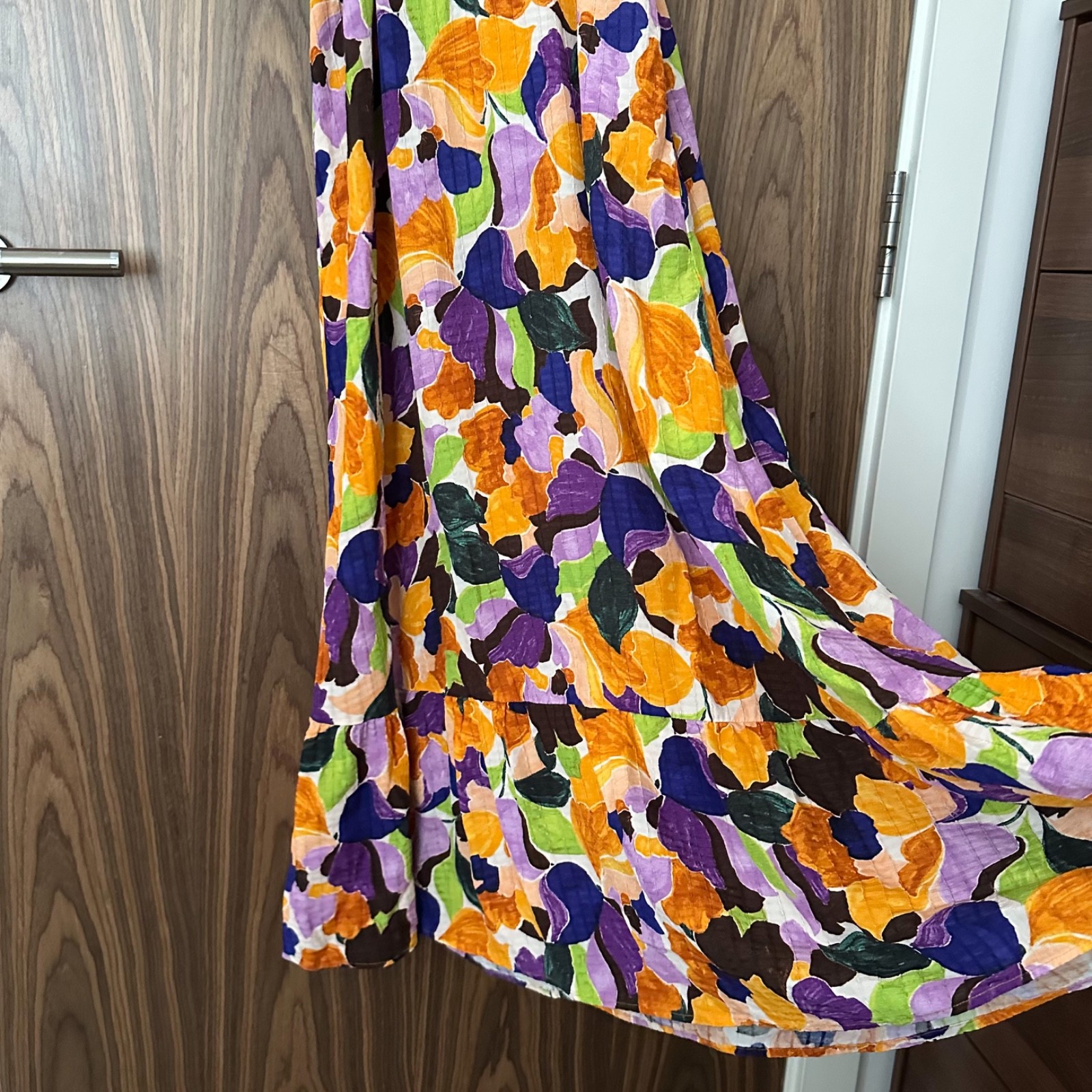 Oliver Bonas Purple Orange Abstract Petal Floral Puff Sleeve Midi Maxi Dress 10