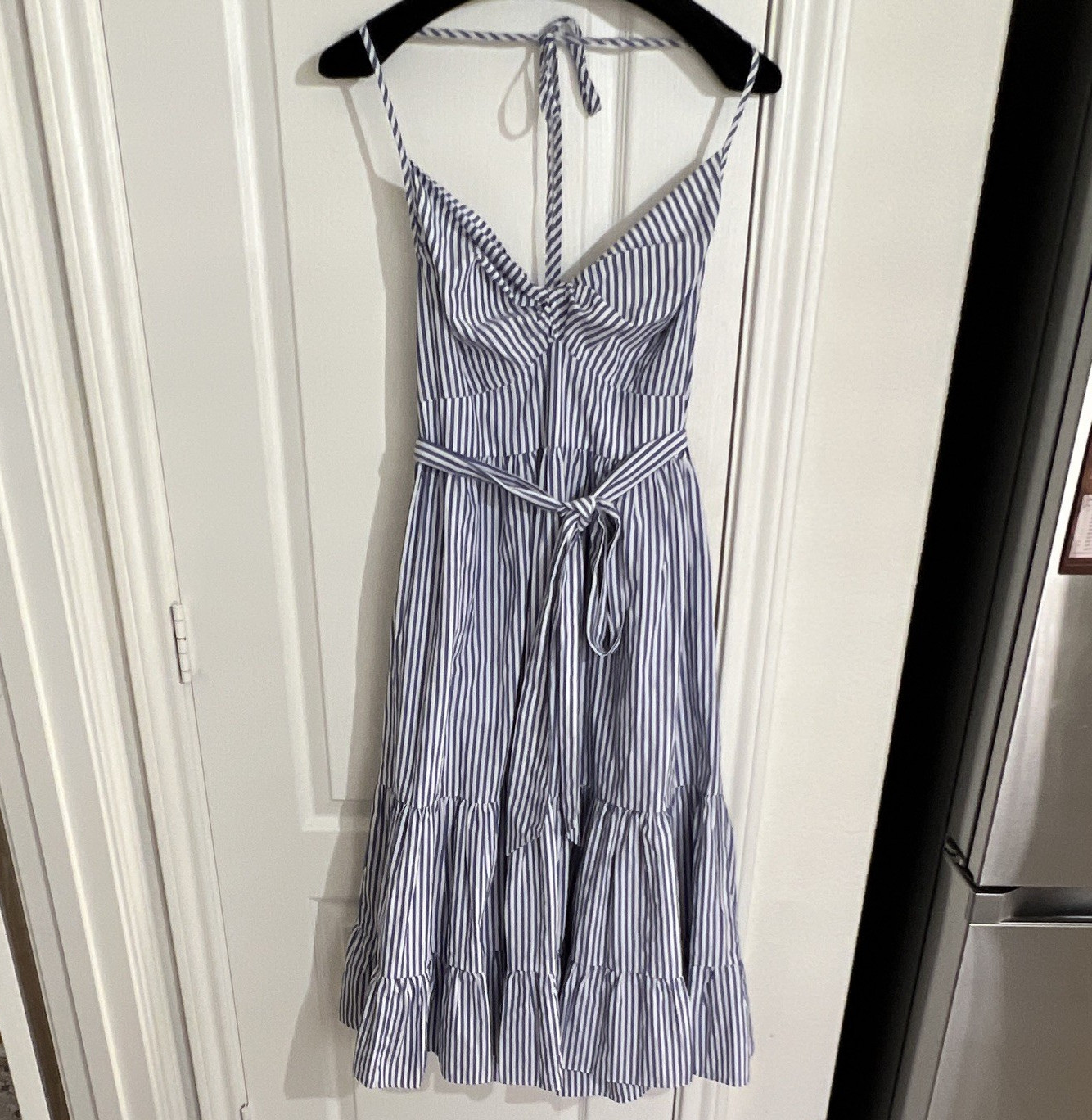 NWT ASOS S UK 12 Blue White Stripe Tiered Ruffle Halter Midi Dress Tie Waist