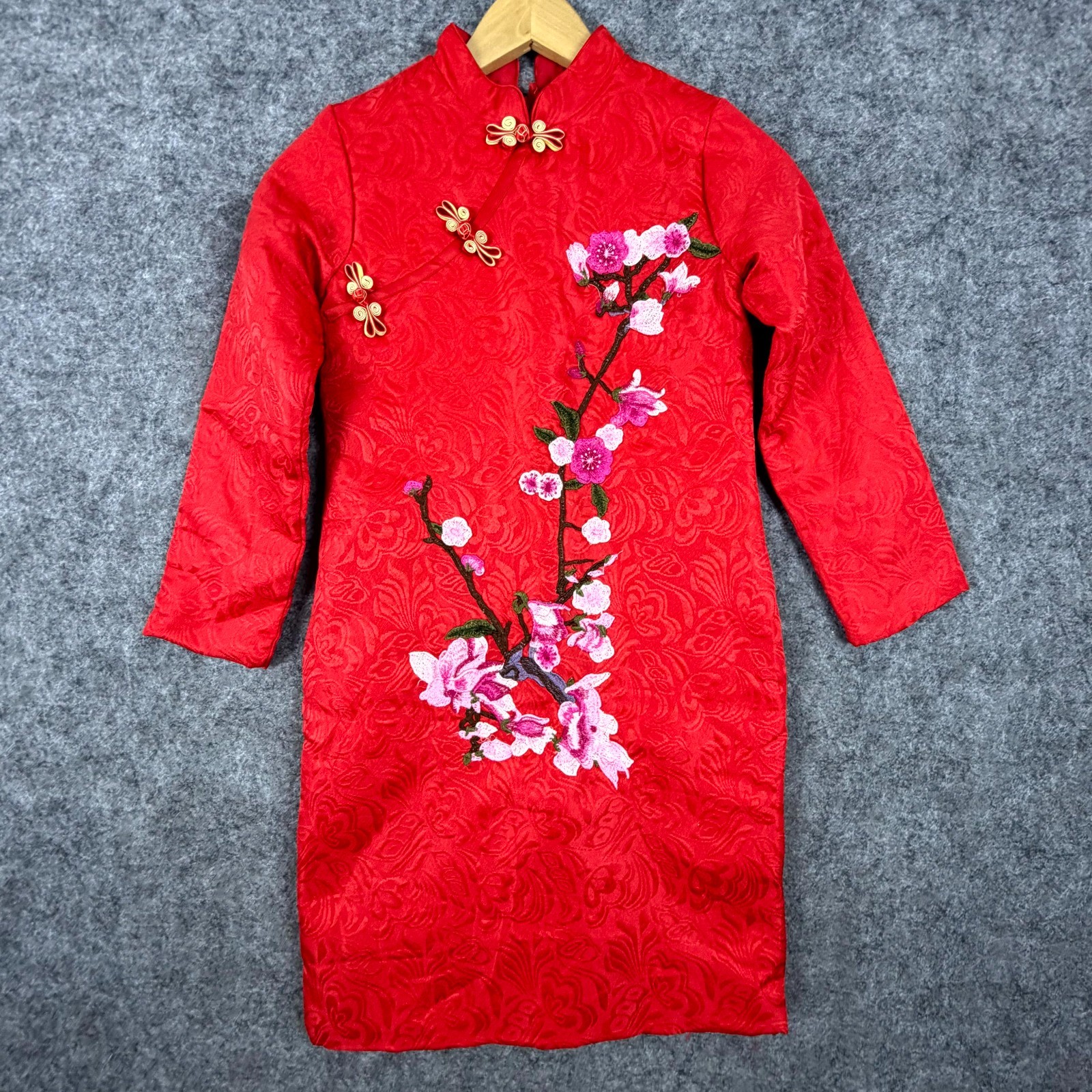 Womens Cheongsam Dress Red Floral Embroidered Mandarin Collar Cherry Blossoms