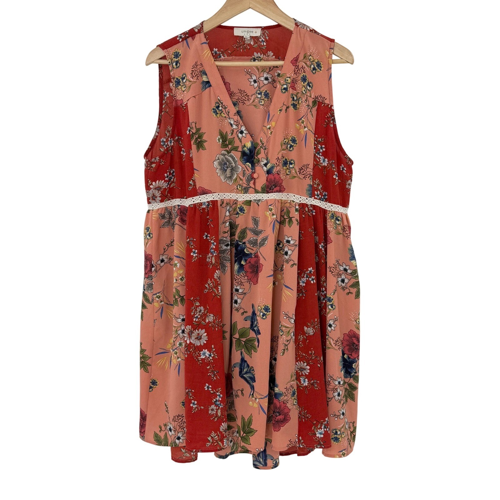Umgee USA Floral Print Mini Dress Sleeveless V Neck Lace Trim Boho XL Festival