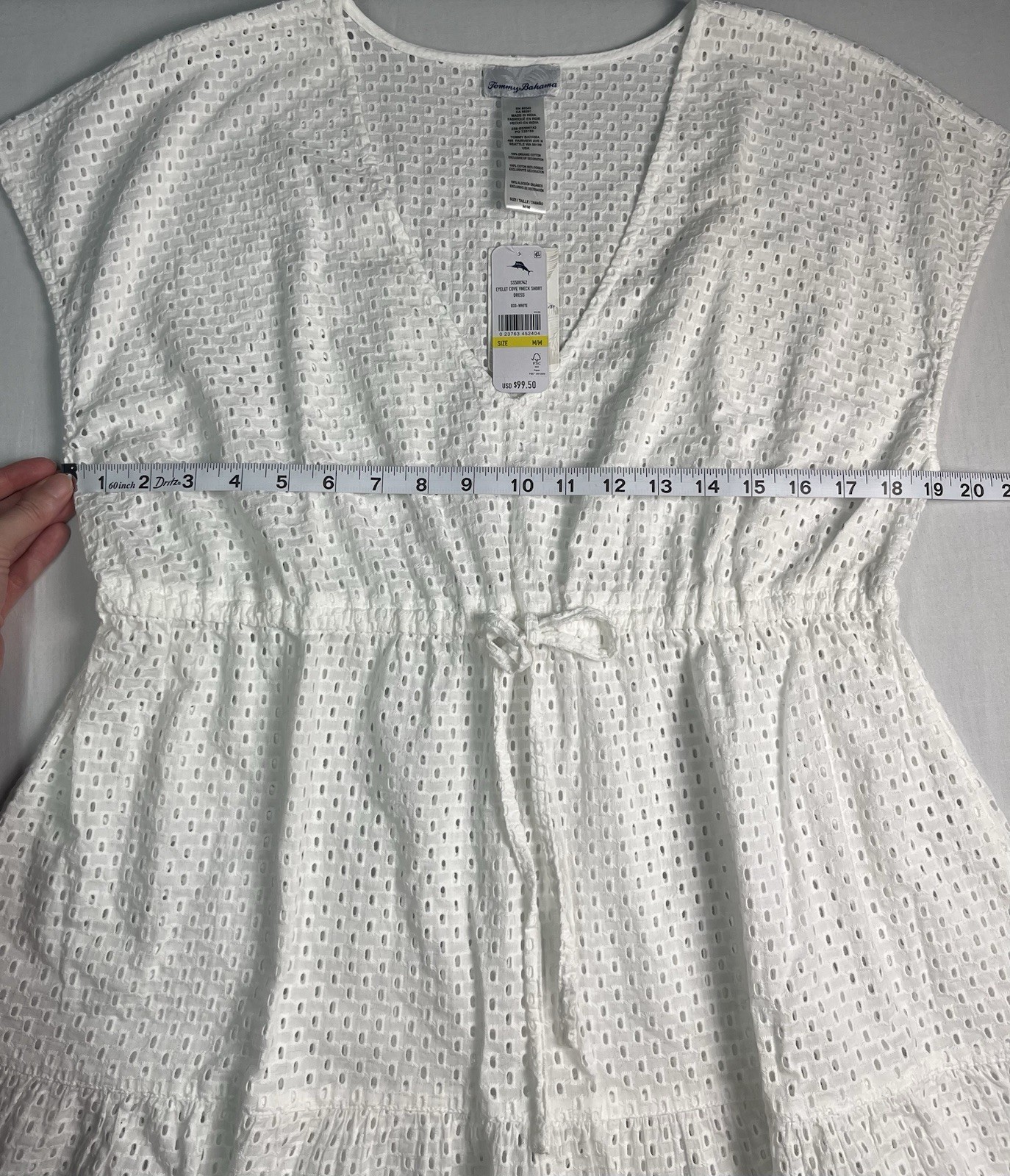 Tommy Bahama White Cotton Eyelet V-Neck Cap Sleeve Tie Waist Dress M *STAIN*