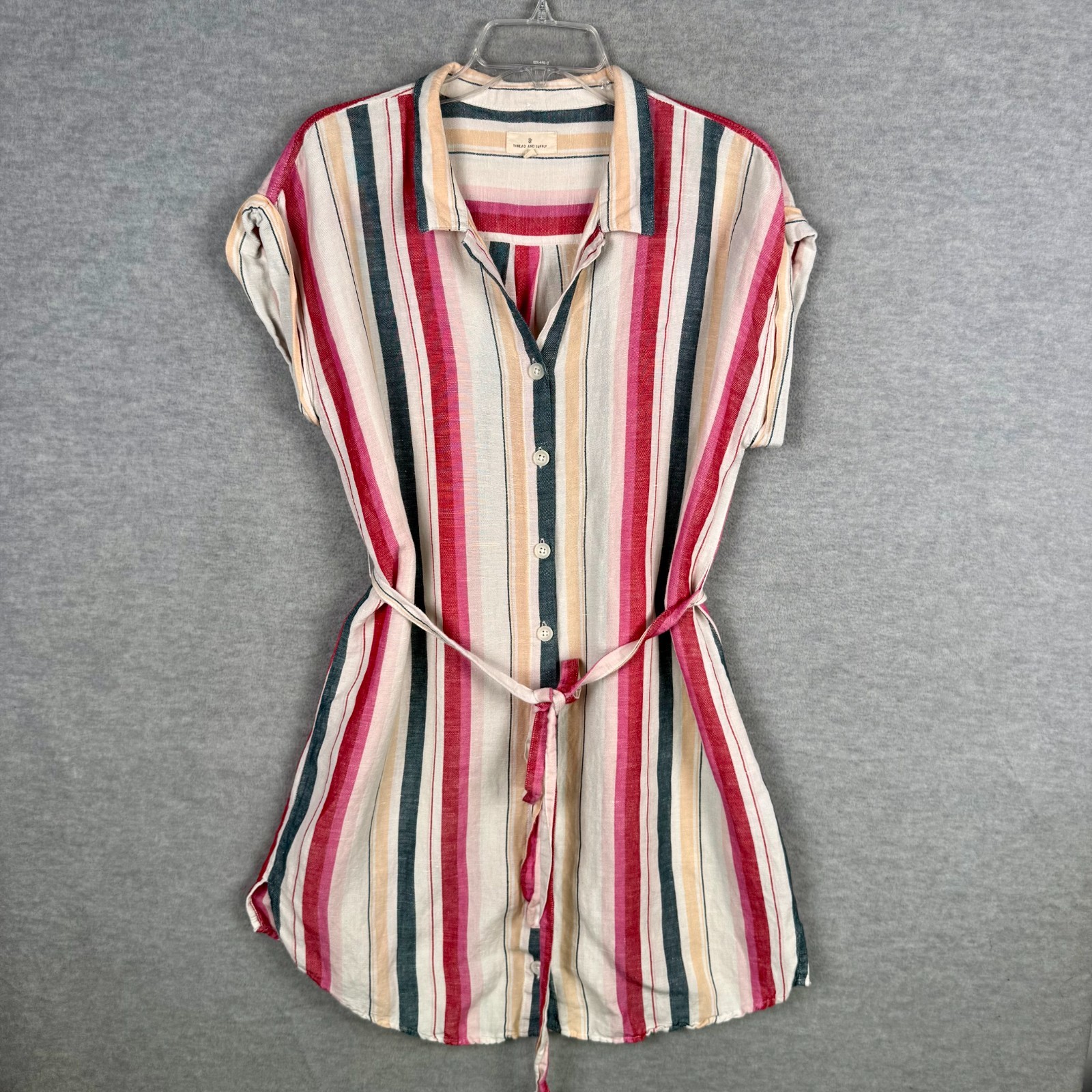 Thread & Supply M Striped Belted Short Shirt Dress Rayon Linen Cap Sleeves Beach