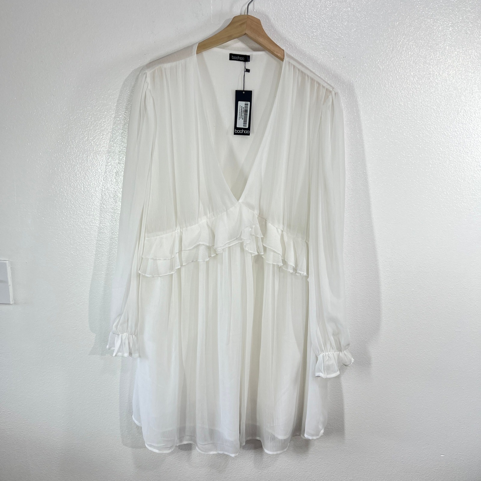 BOOHOO V-Neck Floaty Ruffle Smock Mini Dress Plus Off White US 18 Cottagecore