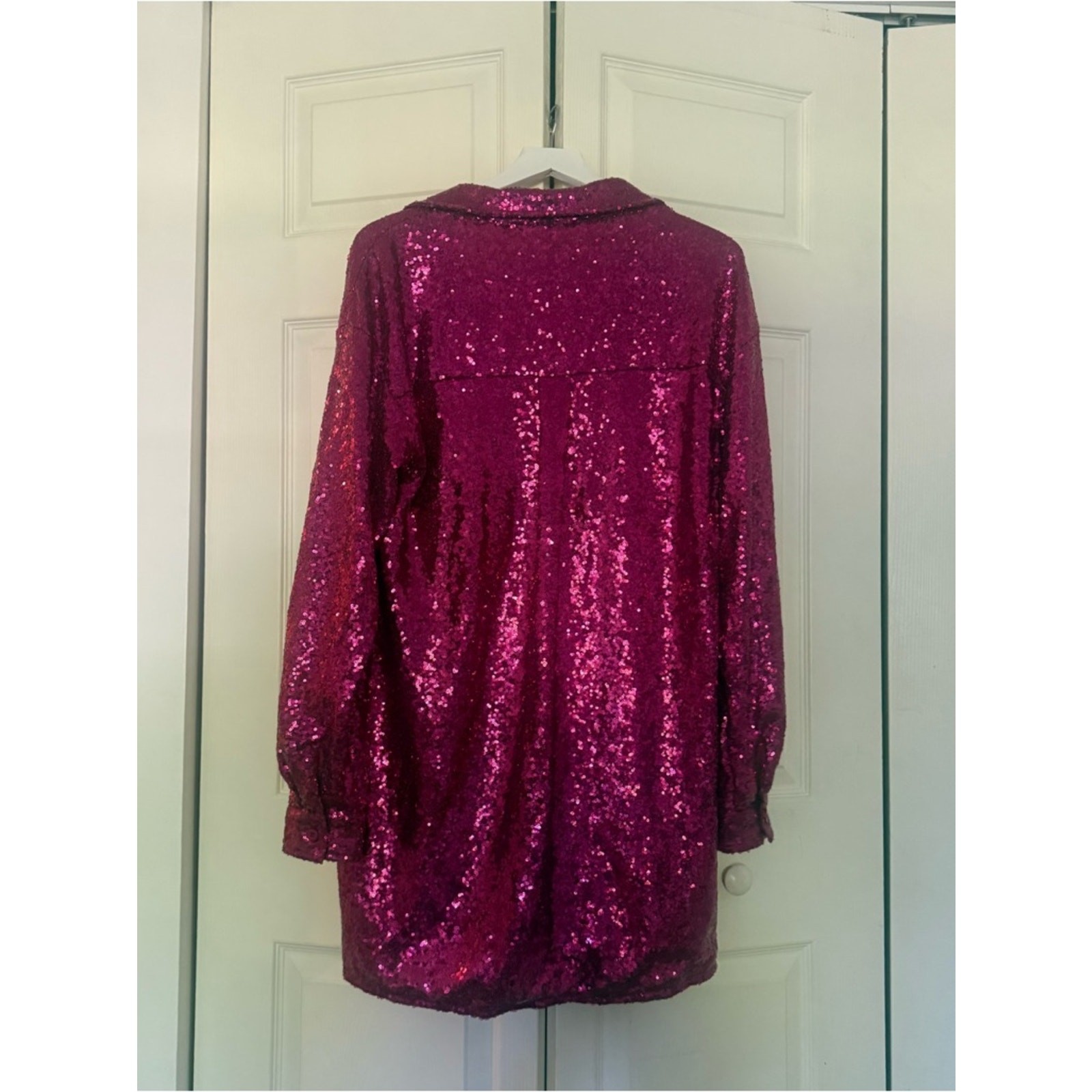 12th Tribe Hot Pink Sequin Long Sleeve Shirt Dress Collared Button Down Medium