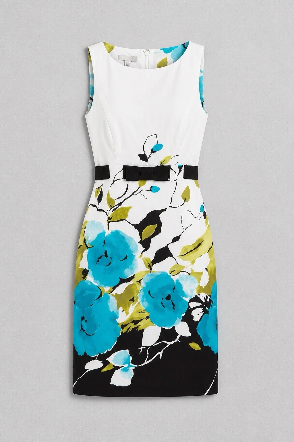 Kasper White Blue Black Green Floral Round Neck Sleeveless Sheath Zip Dress 8