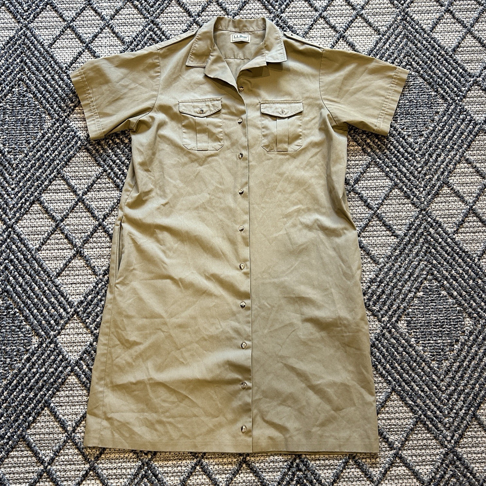 Vintage 80s LL Bean Khaki Beige Button-Up Midi Utility Safari Camp Shirt Dress L