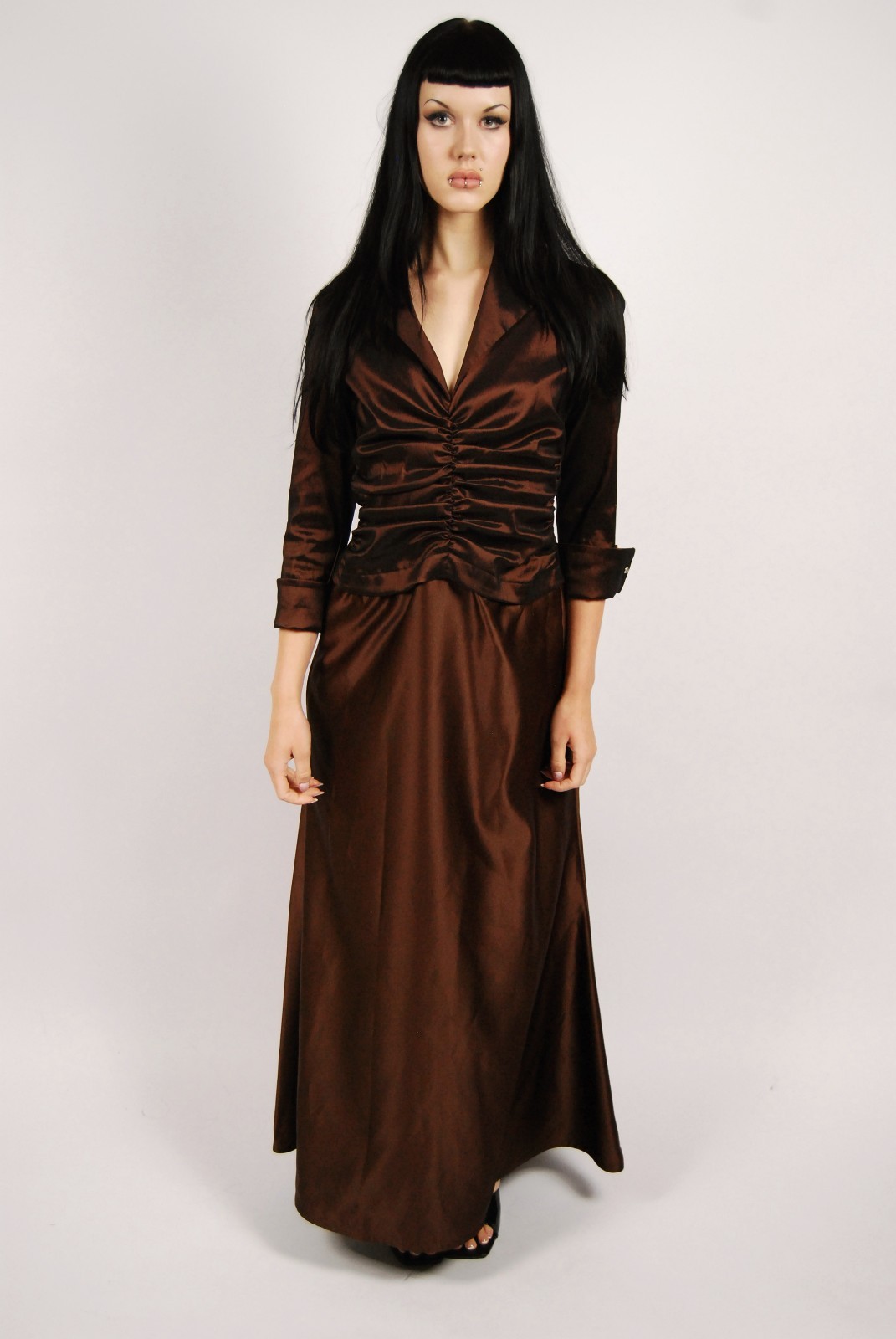 90s Blouson Gown (M) chocolate brown maxi vintage Tadashi glam evening formal