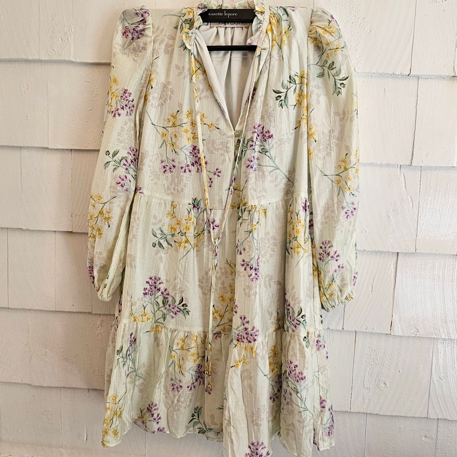 Taylor Floral Tiered Mini Dress Lyocell Ruffle Tie Neck Long Sleeve Women’s