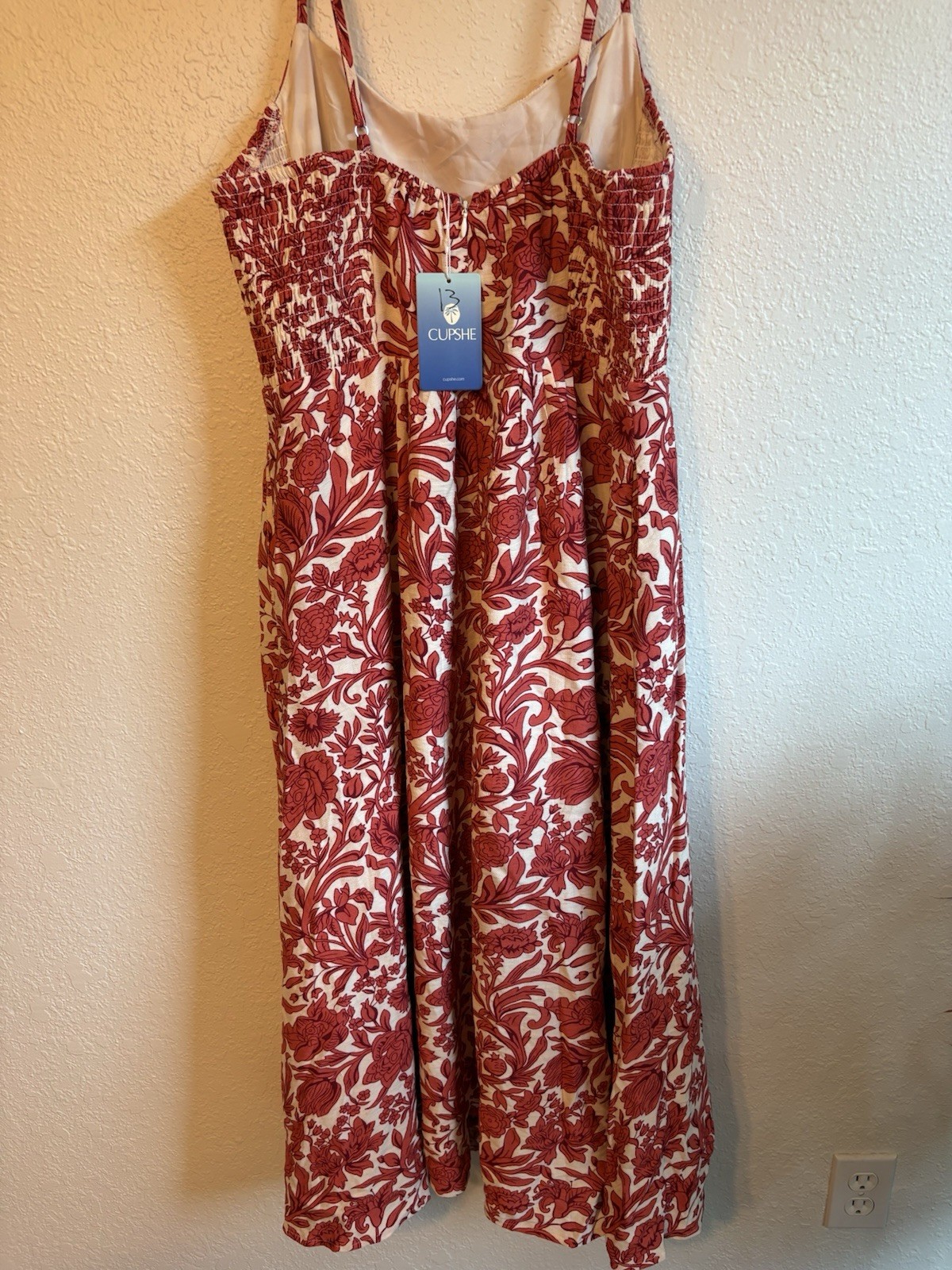 CUPSHE Red/White Floral Midi Sundress L Square Neck Lined Smocked Back Zip