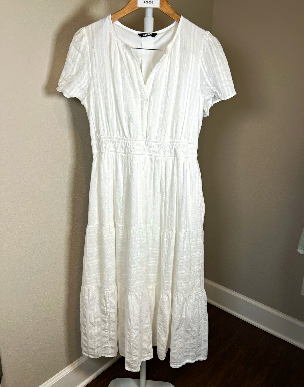 BTFBM Women’s White V-Neck Short Sleeve Smocked Waist A-Line Midi Dress Lined L