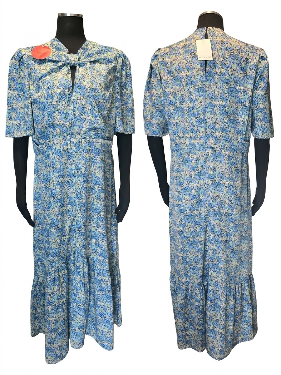 Hope & Ivy Blue Floral Midi Dress V-Neck Short Sleeve Bow Accent Zip Polyester