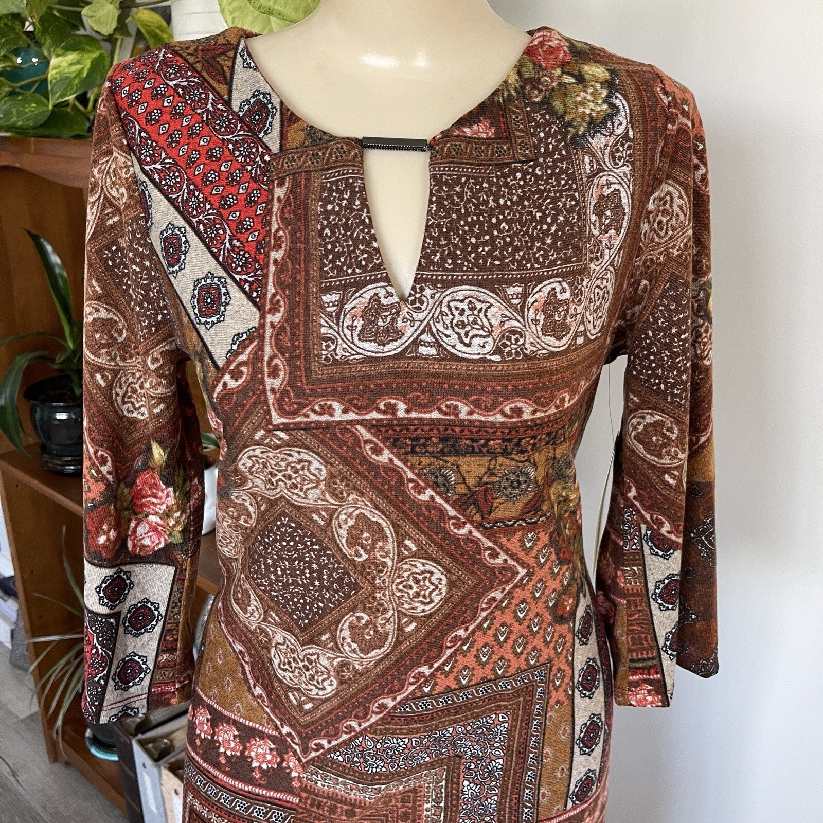 Patchwork Floral Pullover Dress Size Small Midi Shift Dress Casual Boho