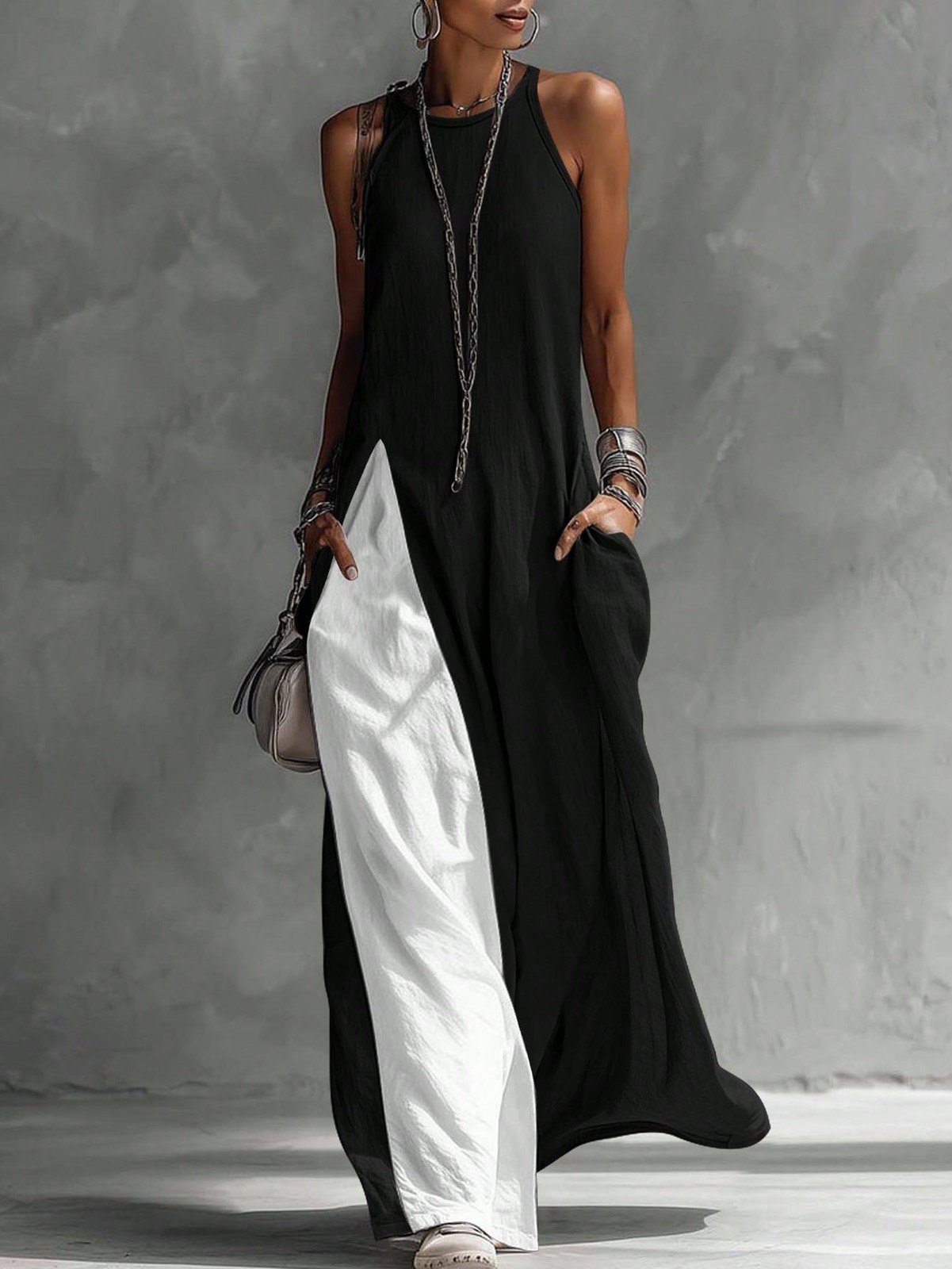 Womens Linen Blend Long Dress With Spaghetti Straps