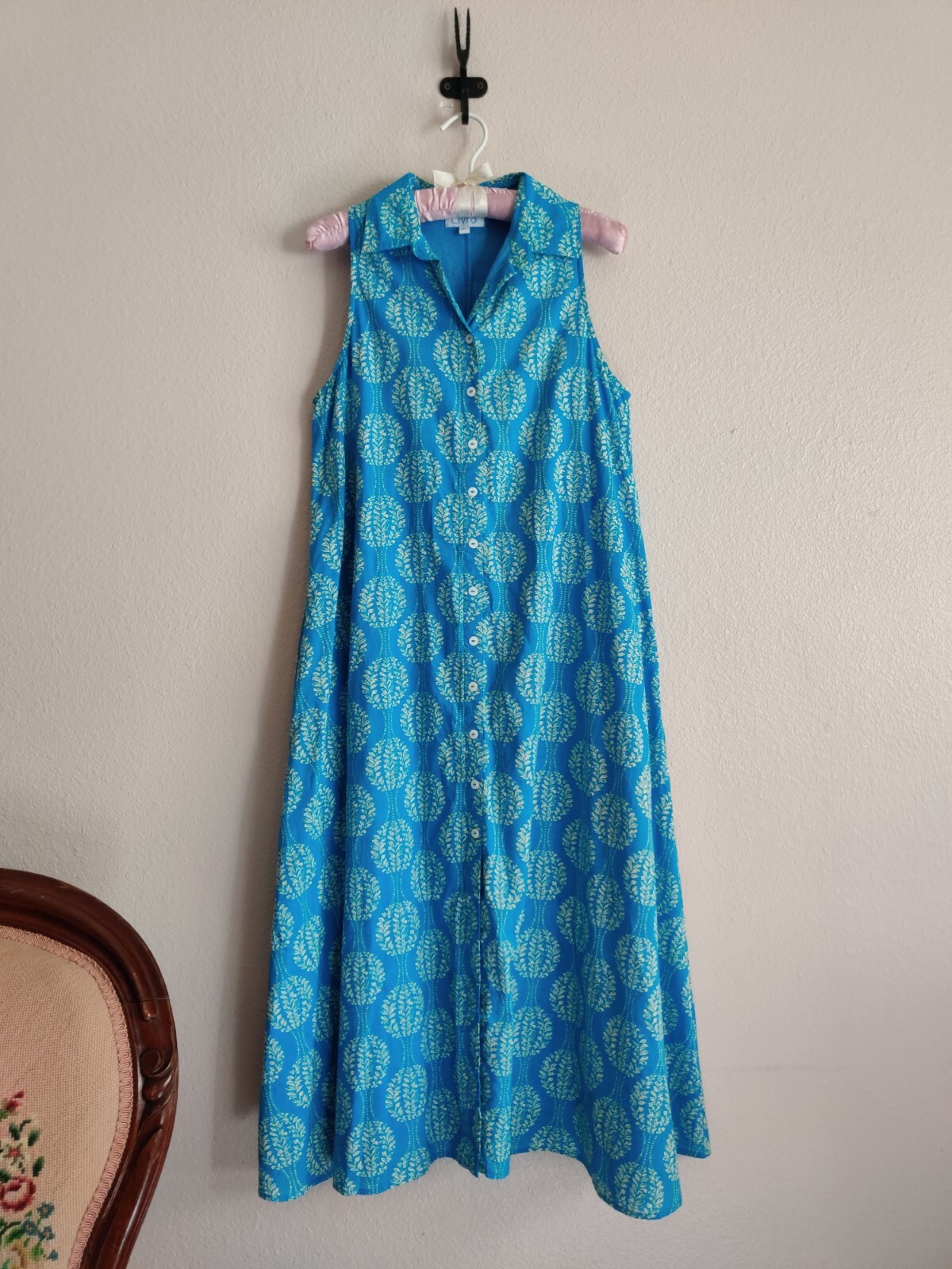 Livro Field Dress Sleeveless Blue Vase Block Print Size S Midi Boho Cotton