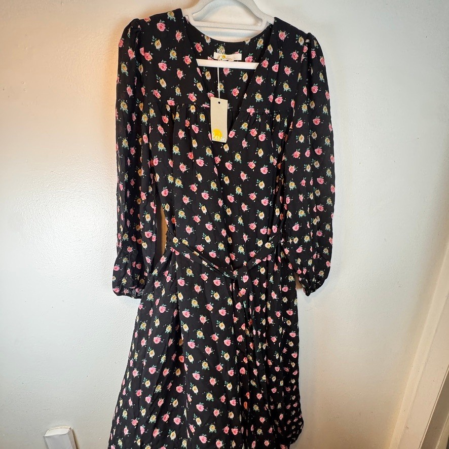 Boden Black Floral Rose V-Neck Midi Dress Long Sleeve Tie Waist D0389 Womens 6R