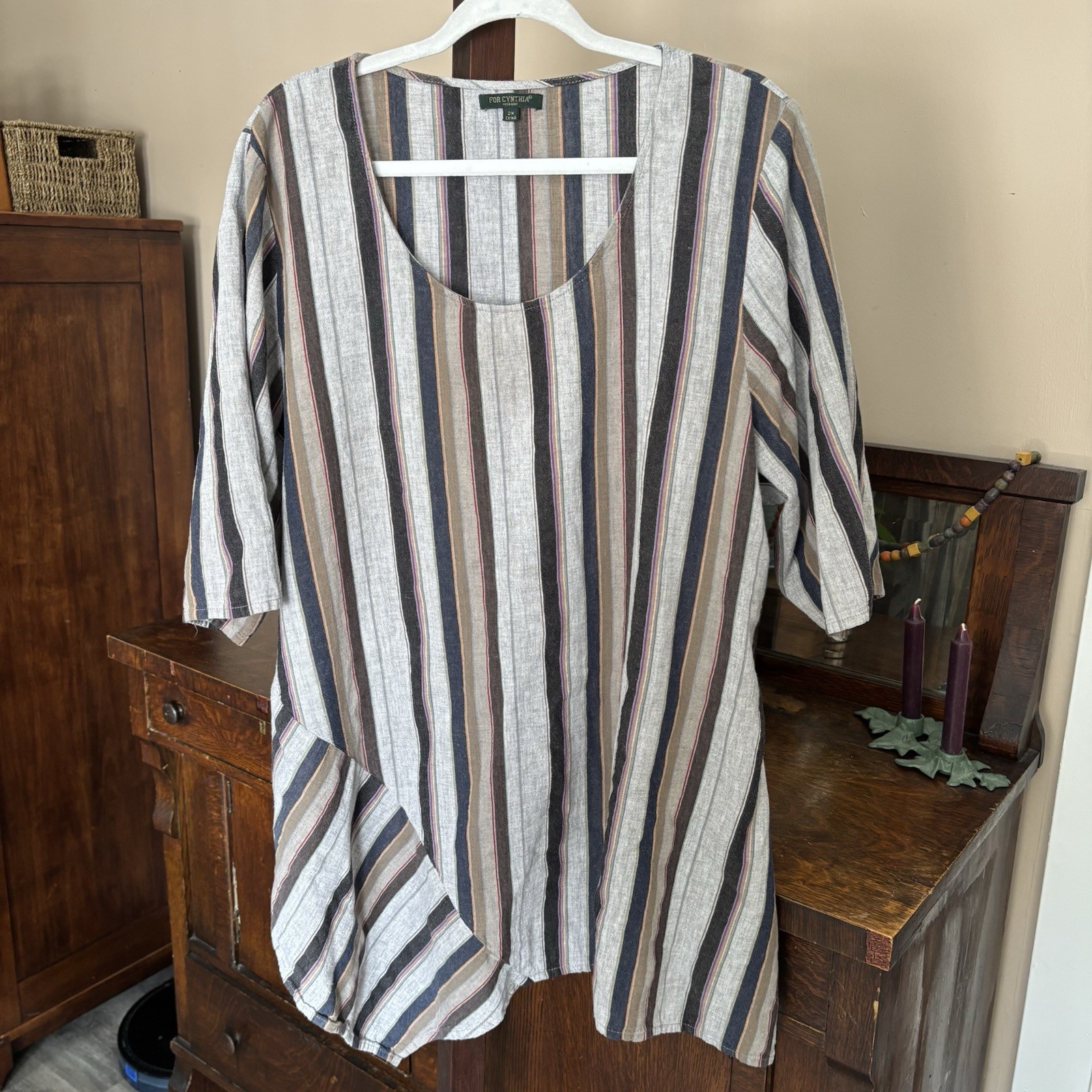 For Cynthia Women’s 2xl Linen Cotton Mini Dress Top Lagenlook Asymmetrical Hem