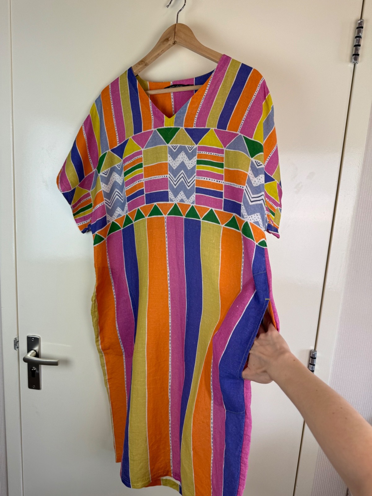 GUDRUN SJODEN Linen Multicolor Cheerful Dress Kaftan Ikat Geometric Sundress L