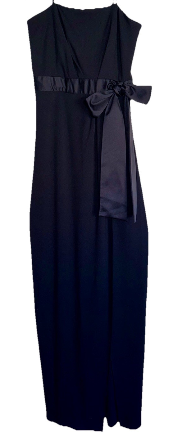 H HALSTON Black Strapless Drape Satin Bow Trim Front Slit Stretch Knit Gown 2 XS