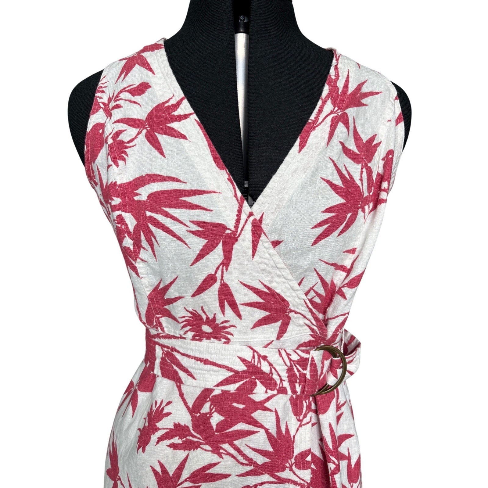 Polo Ralph Lauren Pink White 100% Linen Bamboo Bird Print Wrap Dress Size 4