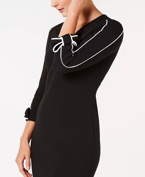 Calvin Klein Petite Scuba Crepe V-Neck Bow Long Sleeve Sheath Dress, 2P Black