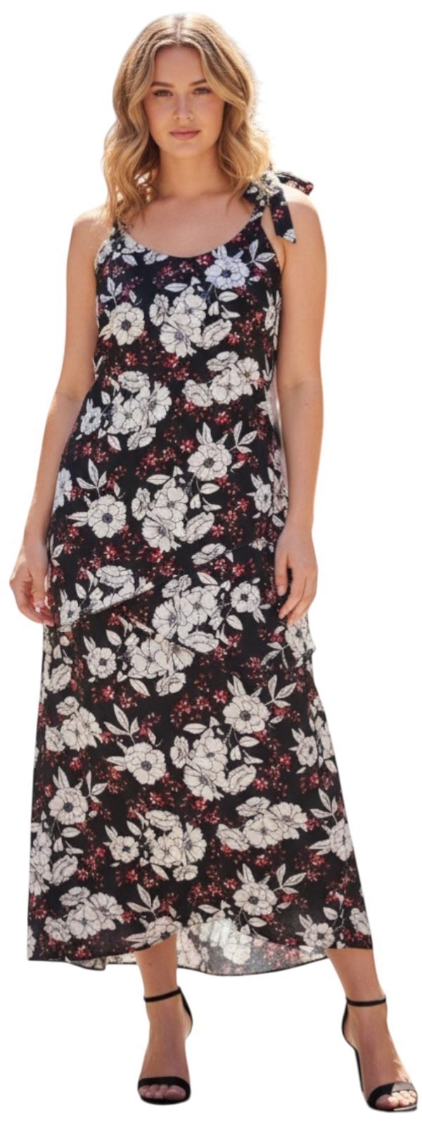 Ladies Dress Black White Red Floral Print 3 Tier Triple Layer Georgette