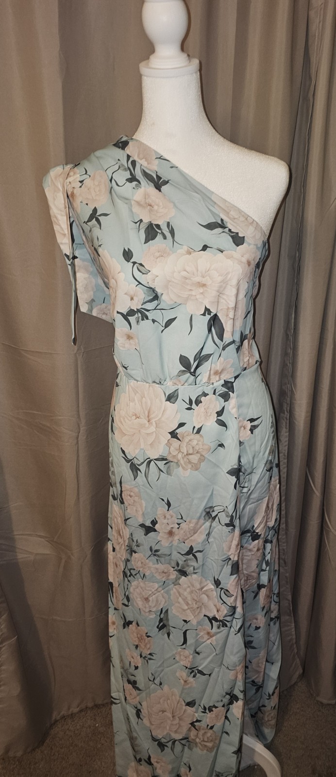 Women Plus Size 2XL Blue Pink Floral One Shoulder Belted Maxi