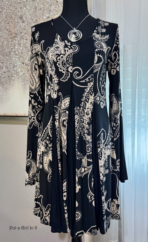 USA New Boho Women’s Black Taupe Damask Paisley Bell Sleeve Dress S M Bohemian