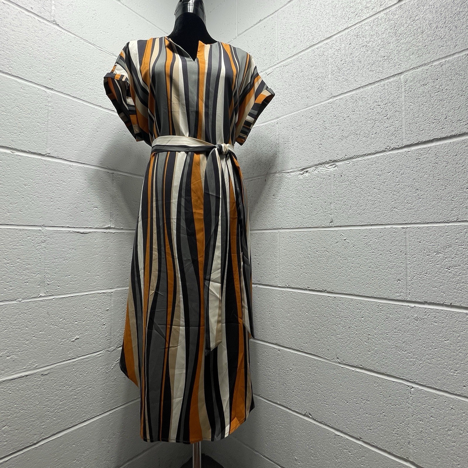 Emery Rose Notch Neck Striped Colorblock Belted Dress Sz Large