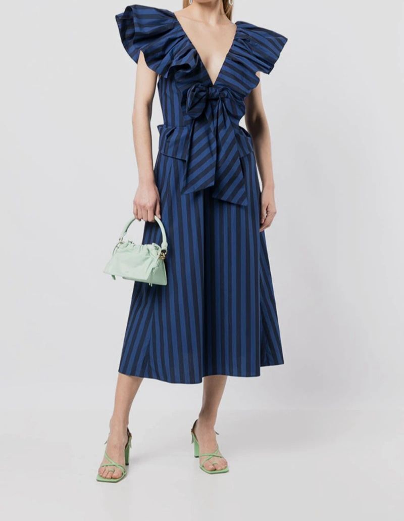 $1590 Carolina Herrera Women’s Blue Striped Dramatic Wing-Ruffle MIDI Dress Sz 6