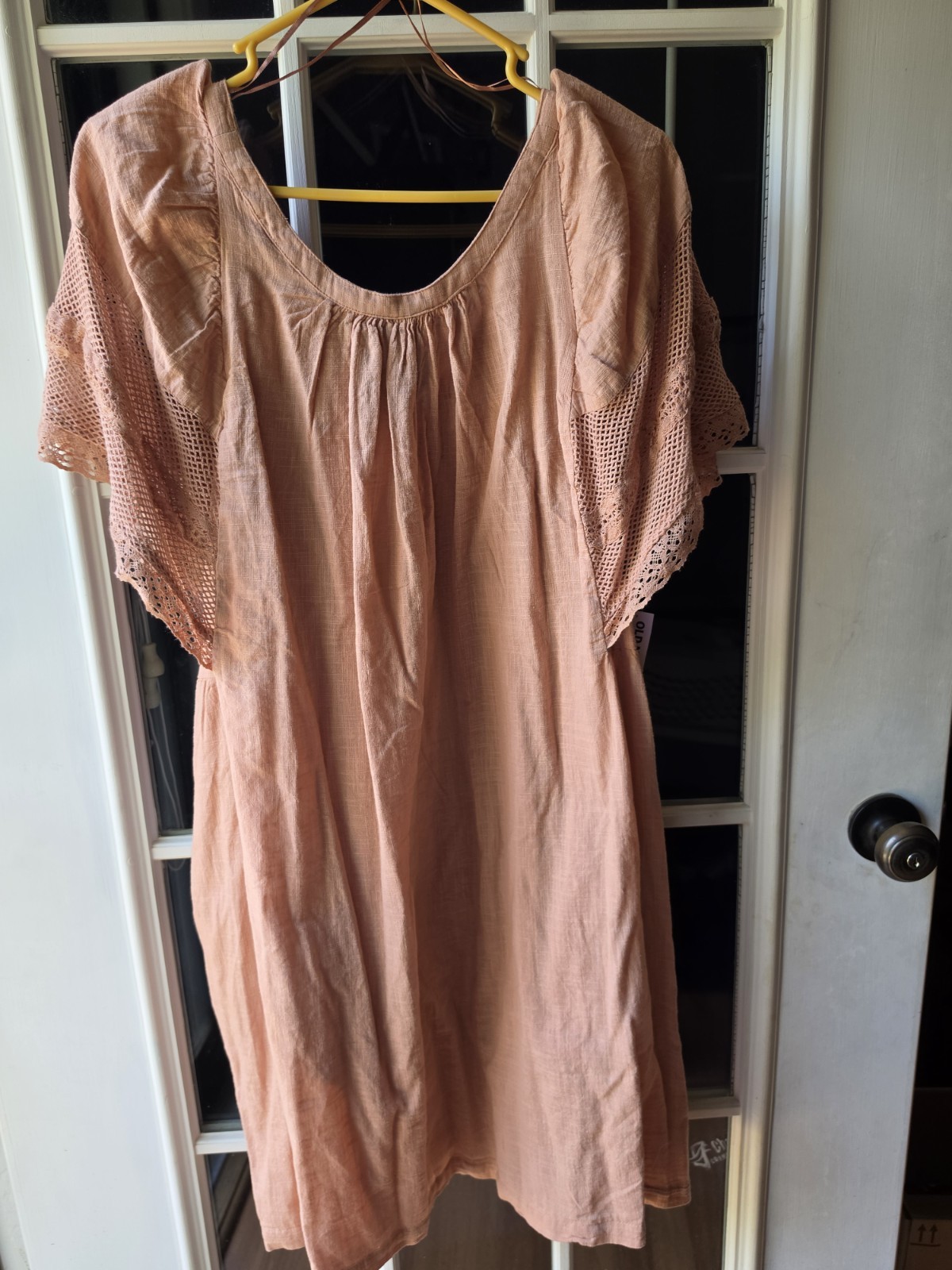 Old Navy Pink Solid Lace Sleeve Knee Length Dress XL Scoop Neck Pullover